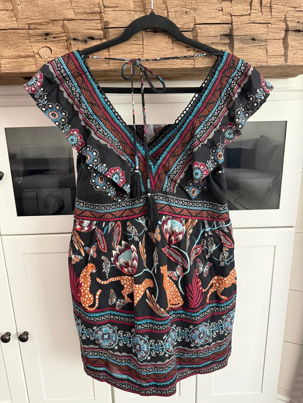 Anthropologie Cheetah Print Mini Dress M Black Safari Boho Flutter Sleeve V Neck